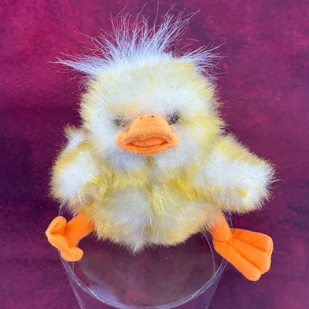 JSTUFF STUFFY SWEET SITTING YELLOW DUCK CHICK FLUFFY HAIR PLUSH TOY RARE 6